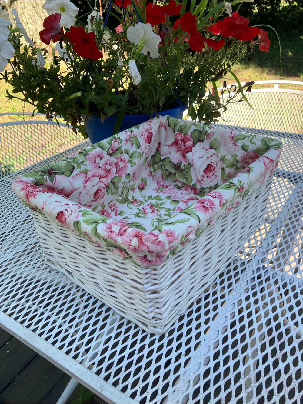 White Wicker Basket With Cotton Lining in Flower Design